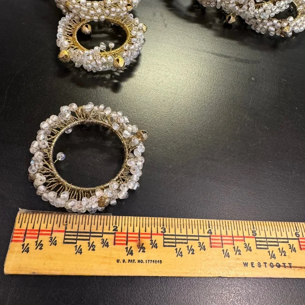 Beaded Napkin Rings Set of 6 Gold Clear Glass Wire Woven Bell Accents Boho 2.5
